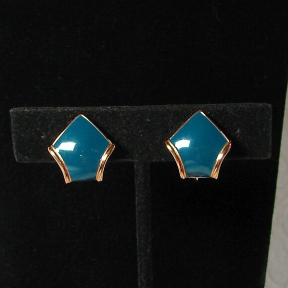 Vtg 80's JS Clip-On EARRINGS, Gold Tone w/Dark Teal Enamel F77 - Picture 6 of 6
